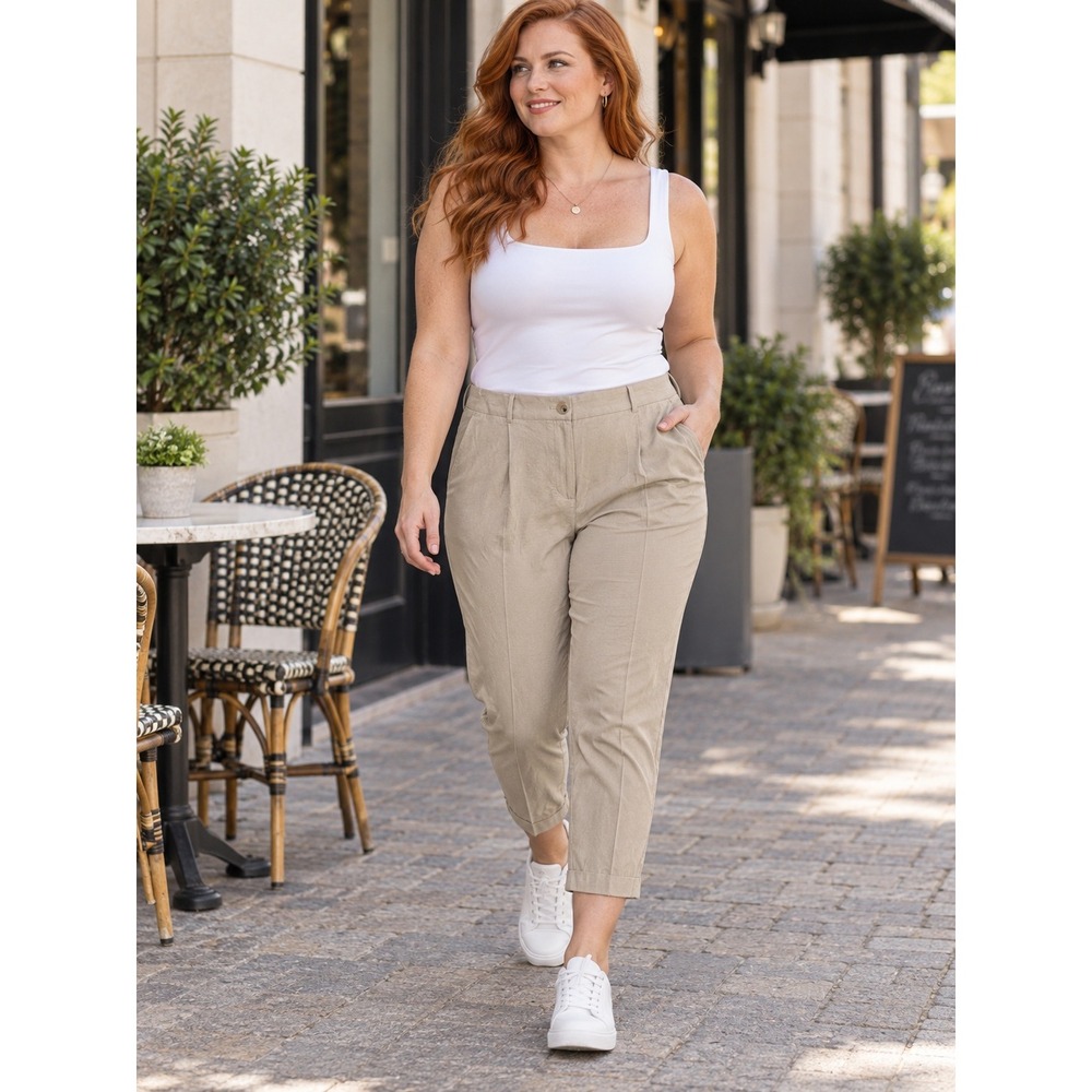 LOFT Dress Pants Womens‎ Size Large Beige Chino Taper Leg Stretch Waist Cuffed